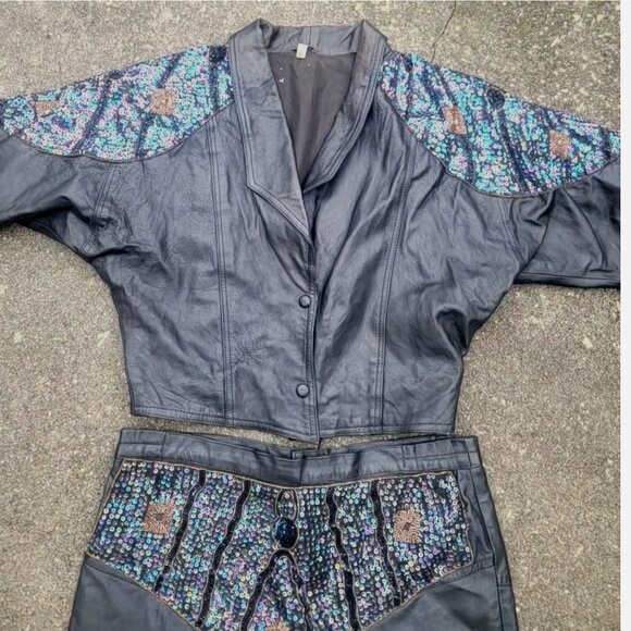 Vintage Real Leather Sequin Beaded Jacket Skirt Set Women XL Biker Western Disco - Picture 2 of 16